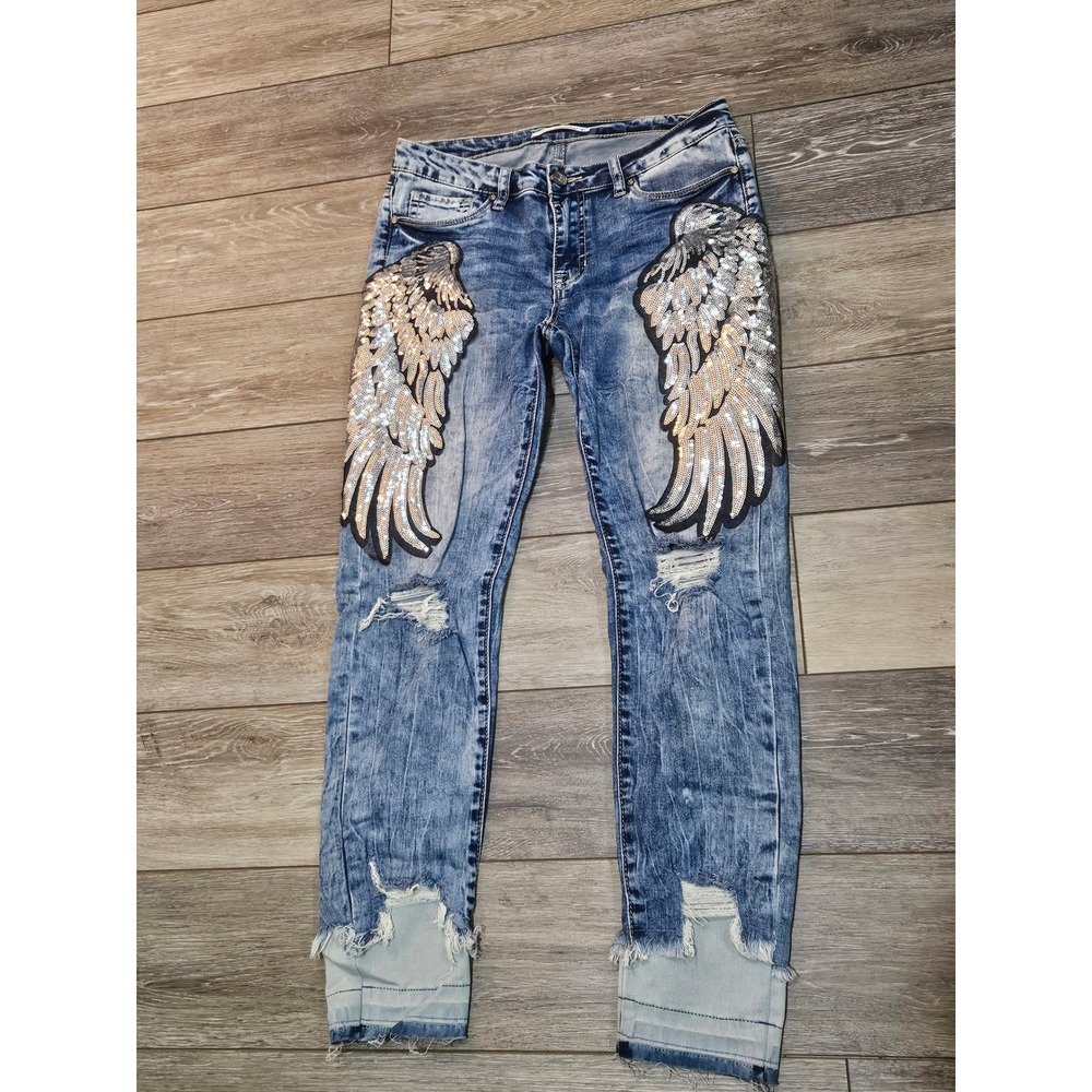 Denimland Womens Acid Wash Sequin Angel Wing Distressed Skinny Jeans Blue size 7